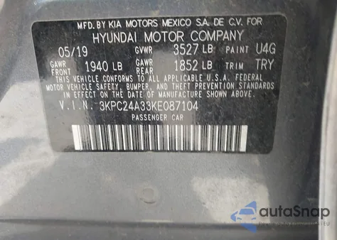 2019 Hyundai Accent Se из США, поврежденный, VIN 3KPC24A33KE087104